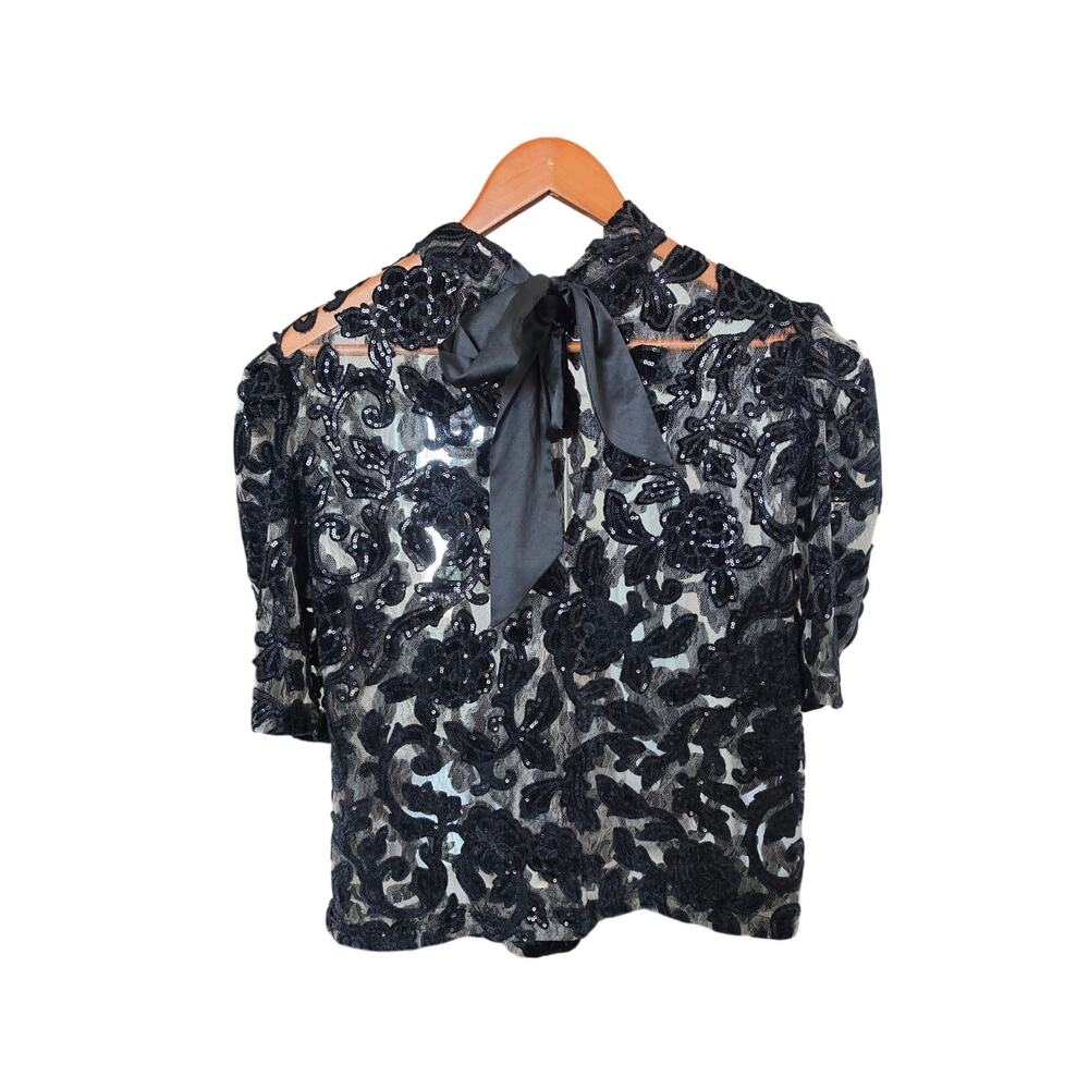 Anthropologie Velvet Sequin Floral Mesh Top Size M